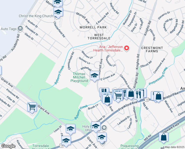 map of restaurants, bars, coffee shops, grocery stores, and more near 3672 Whitehall Lane in Philadelphia