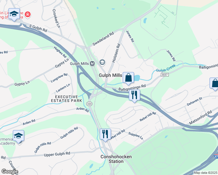 map of restaurants, bars, coffee shops, grocery stores, and more near in Gulph Mills