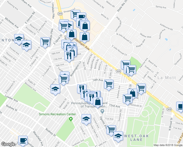 map of restaurants, bars, coffee shops, grocery stores, and more near 7471 Tulpehocken Street in Philadelphia