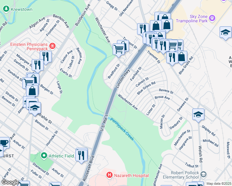 map of restaurants, bars, coffee shops, grocery stores, and more near 8801 East Roosevelt Boulevard in Philadelphia