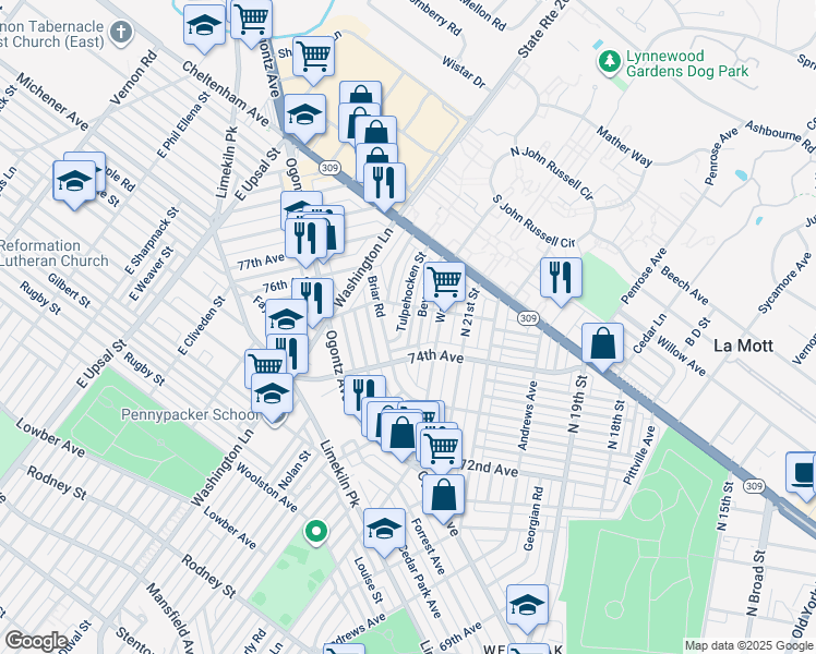 map of restaurants, bars, coffee shops, grocery stores, and more near 7471 Tulpehocken Street in Philadelphia