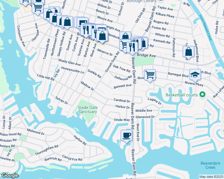 map of restaurants, bars, coffee shops, grocery stores, and more near 2341 Runyon Court in Point Pleasant