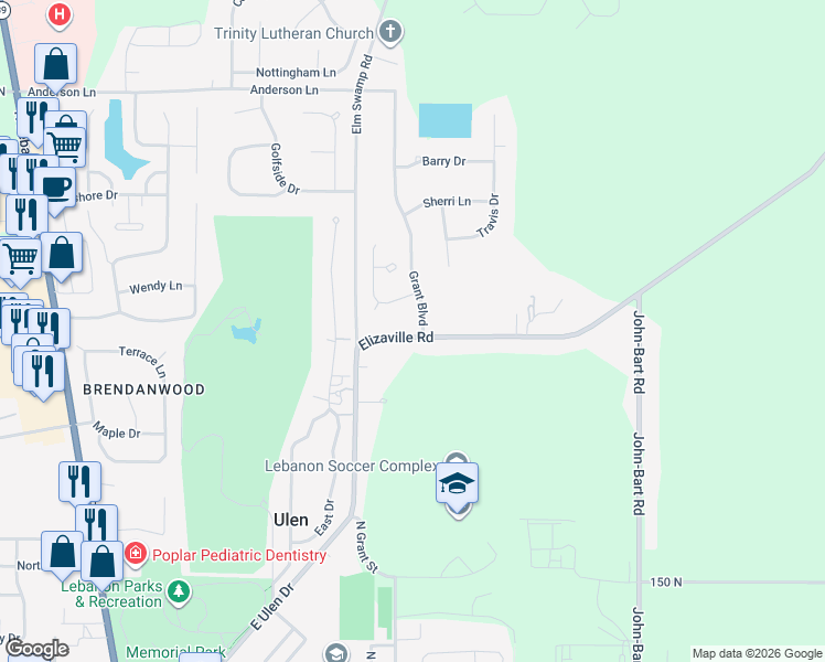 map of restaurants, bars, coffee shops, grocery stores, and more near 2017 North Elizaville Road in Lebanon