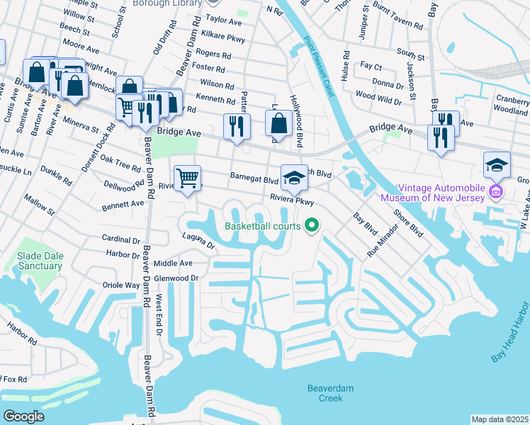map of restaurants, bars, coffee shops, grocery stores, and more near 1511 Bel Aire Court East in Point Pleasant
