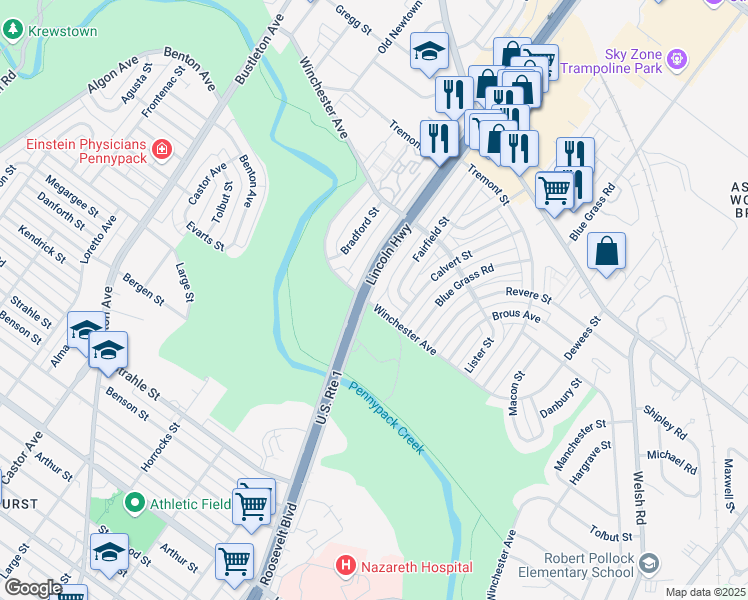 map of restaurants, bars, coffee shops, grocery stores, and more near 8801 East Roosevelt Boulevard in Philadelphia