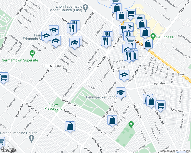 map of restaurants, bars, coffee shops, grocery stores, and more near 7631 Thouron Avenue in Philadelphia
