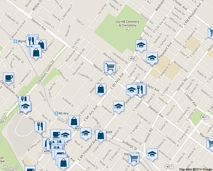 map of restaurants, bars, coffee shops, grocery stores, and more near 610 East Allens Lane in Philadelphia