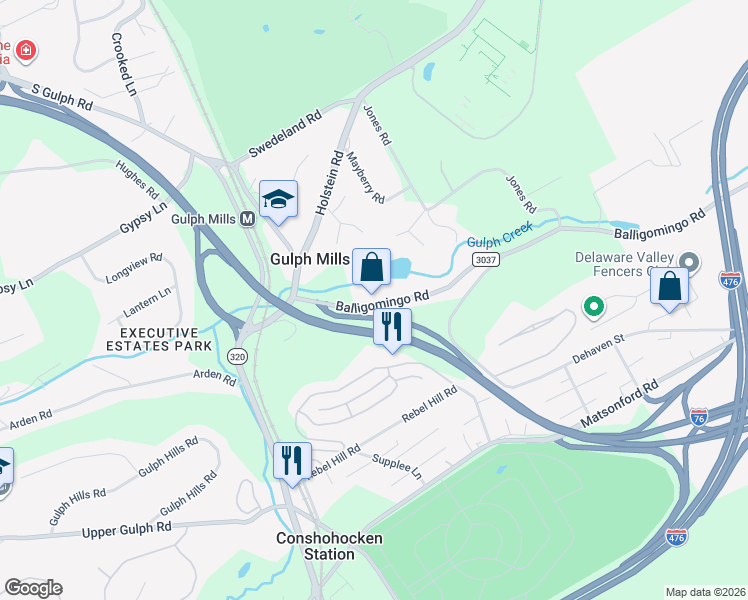 map of restaurants, bars, coffee shops, grocery stores, and more near 201 Balligomingo Road in Conshohocken