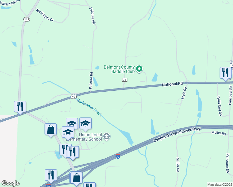 map of restaurants, bars, coffee shops, grocery stores, and more near 41670 National Road in Belmont