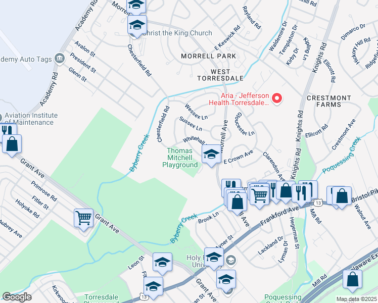 map of restaurants, bars, coffee shops, grocery stores, and more near 3694 Chesterfield Road in Philadelphia