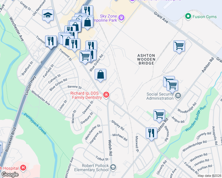 map of restaurants, bars, coffee shops, grocery stores, and more near 2607 Welsh Road in Philadelphia