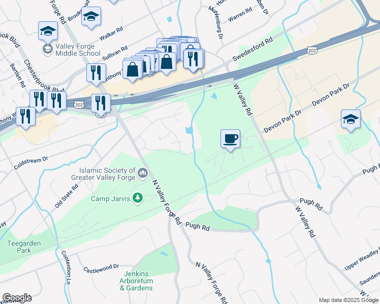 map of restaurants, bars, coffee shops, grocery stores, and more near 479 Old Forge Crossing in Devon