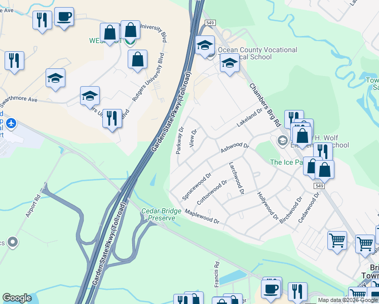 map of restaurants, bars, coffee shops, grocery stores, and more near 21 North Maplewood Drive in Brick Township
