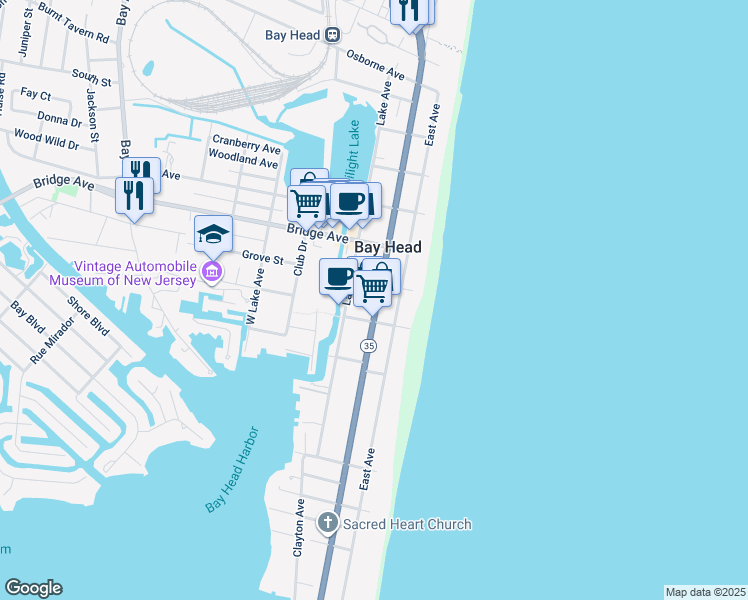 map of restaurants, bars, coffee shops, grocery stores, and more near 530 Main Avenue in Bay Head