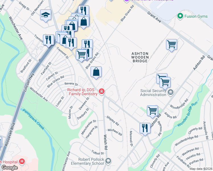 map of restaurants, bars, coffee shops, grocery stores, and more near 2607 Welsh Road in Philadelphia