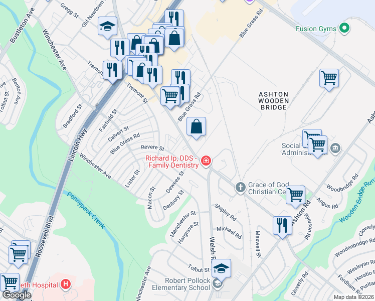map of restaurants, bars, coffee shops, grocery stores, and more near 8948 Dewees Street in Philadelphia