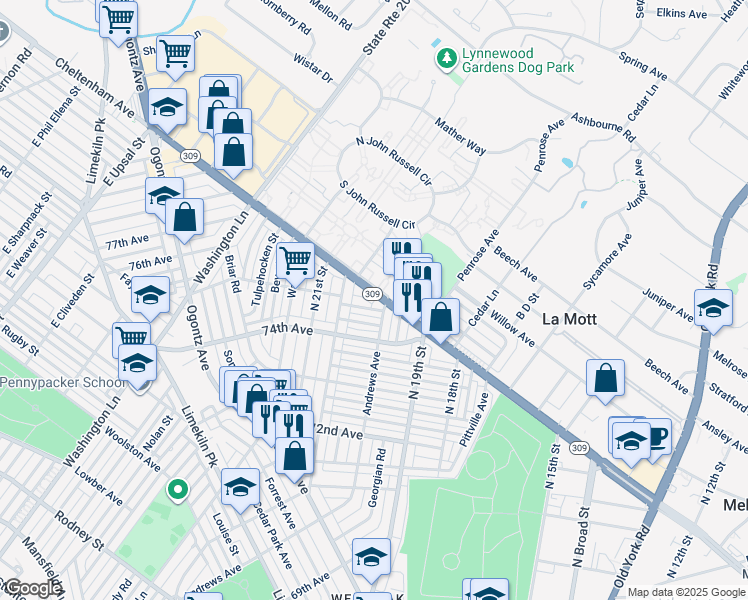 map of restaurants, bars, coffee shops, grocery stores, and more near 1960 West Cheltenham Avenue in Philadelphia