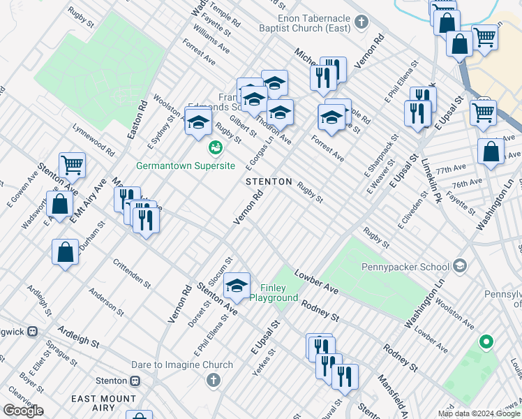 map of restaurants, bars, coffee shops, grocery stores, and more near 1112 Slocum Street in Philadelphia
