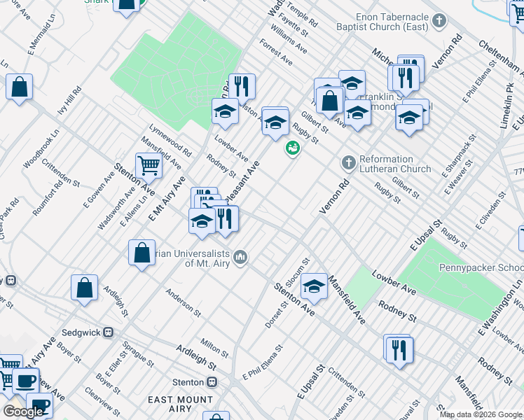 map of restaurants, bars, coffee shops, grocery stores, and more near 8041 Mansfield Avenue in Philadelphia