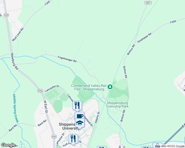 map of restaurants, bars, coffee shops, grocery stores, and more near 99 Fogelsanger Road in Shippensburg