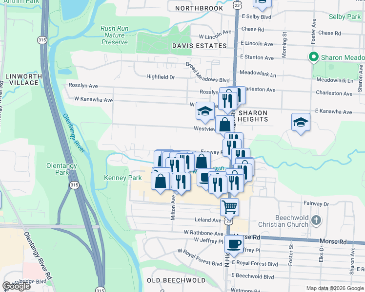 map of restaurants, bars, coffee shops, grocery stores, and more near 163 Fenway Road in Columbus