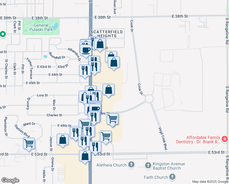 map of restaurants, bars, coffee shops, grocery stores, and more near 4544 South Scatterfield Road in Anderson
