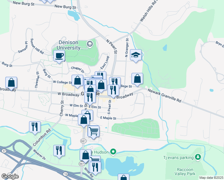 map of restaurants, bars, coffee shops, grocery stores, and more near 122 North Pearl Street in Granville