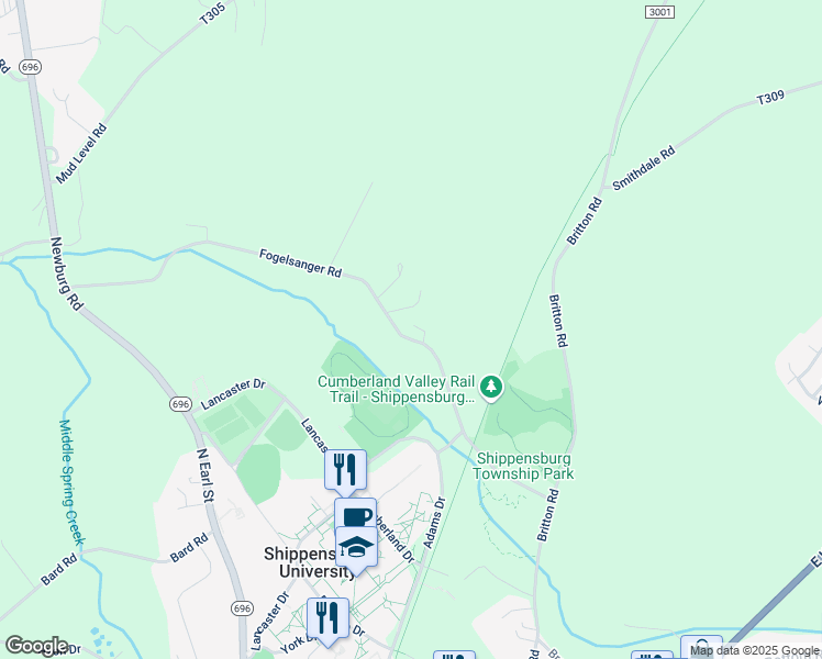 map of restaurants, bars, coffee shops, grocery stores, and more near 99 Fogelsanger Road in Shippensburg