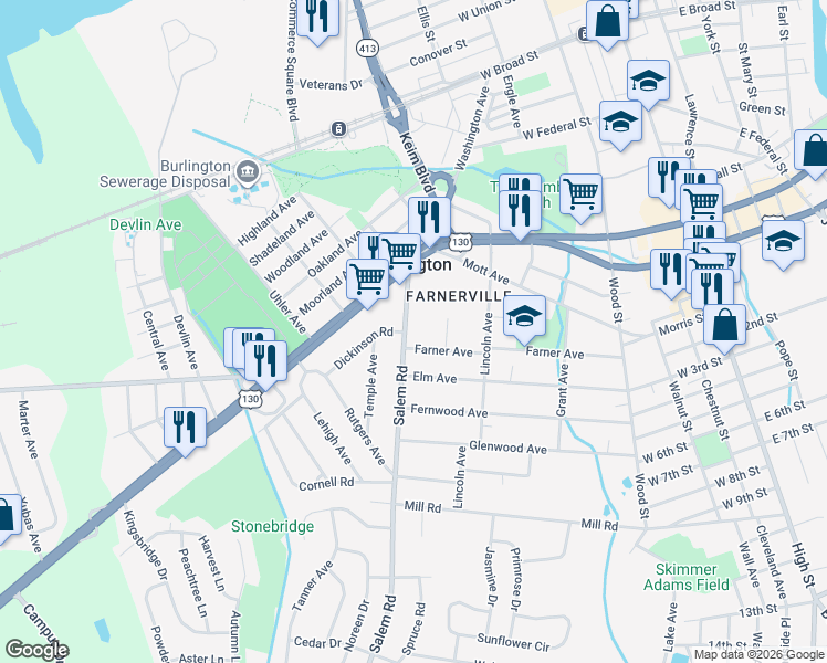 map of restaurants, bars, coffee shops, grocery stores, and more near 800 Salem Road in Burlington
