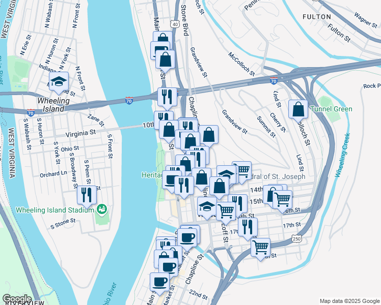 map of restaurants, bars, coffee shops, grocery stores, and more near 1126 Market Street in Wheeling