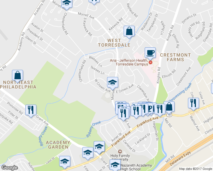 map of restaurants, bars, coffee shops, grocery stores, and more near 3670 Whitehall Lane in Philadelphia