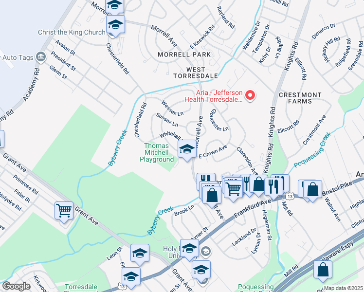 map of restaurants, bars, coffee shops, grocery stores, and more near 3670 Whitehall Lane in Philadelphia