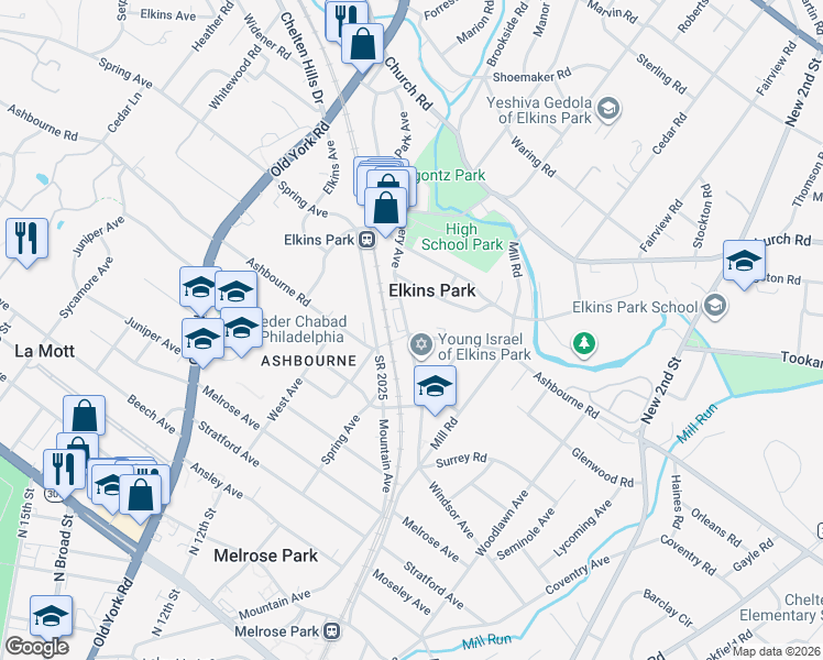 map of restaurants, bars, coffee shops, grocery stores, and more near 1342 Ashbourne Road in Elkins Park