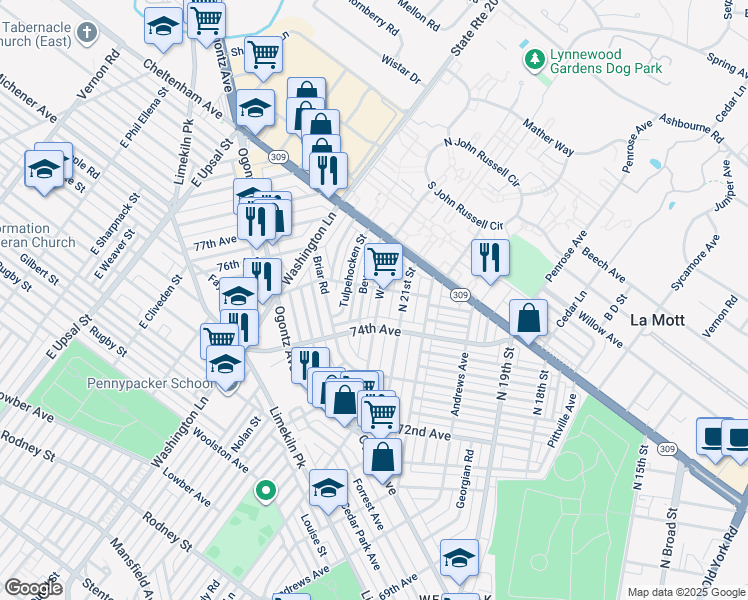 map of restaurants, bars, coffee shops, grocery stores, and more near 7438 Walnut Lane in Philadelphia