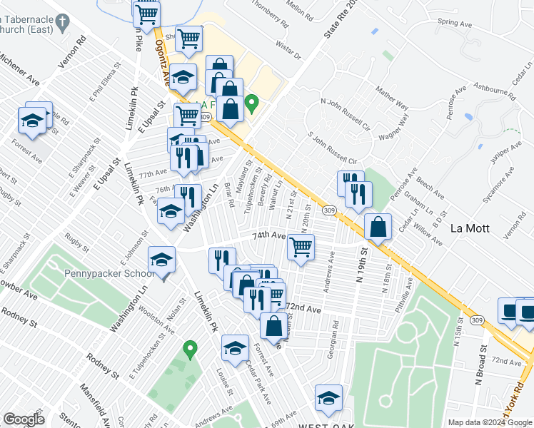 map of restaurants, bars, coffee shops, grocery stores, and more near 7438 Walnut Lane in Philadelphia