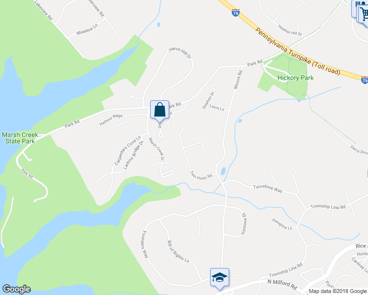map of restaurants, bars, coffee shops, grocery stores, and more near Sycamore Springs Lane in Downingtown