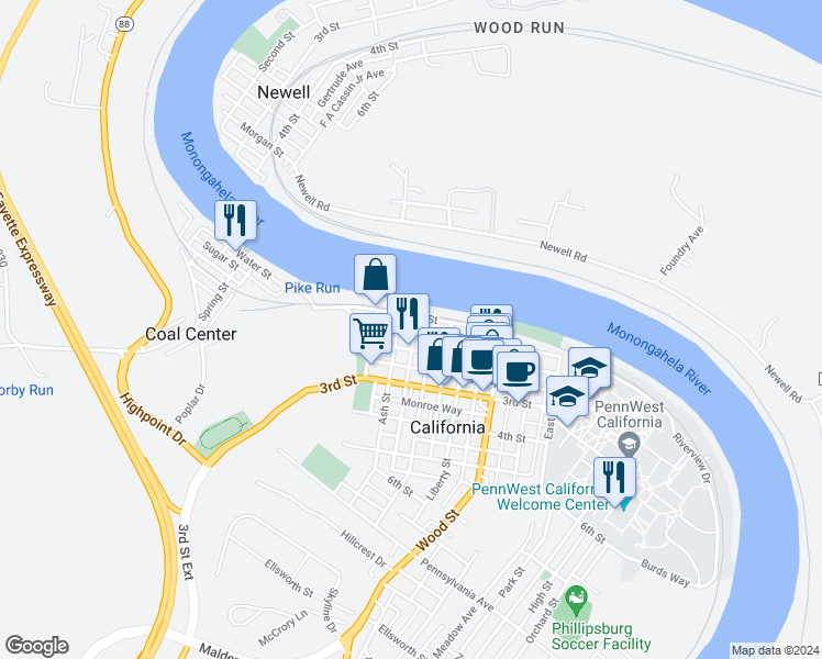 map of restaurants, bars, coffee shops, grocery stores, and more near 131 Spring Way in California