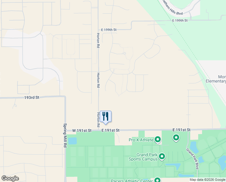 map of restaurants, bars, coffee shops, grocery stores, and more near 19323 Horton Road in Westfield