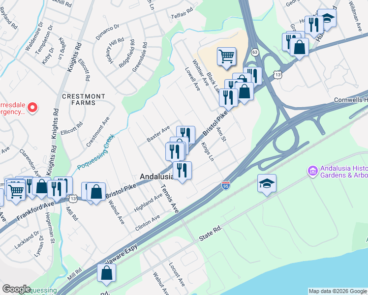 map of restaurants, bars, coffee shops, grocery stores, and more near 1023 Bristol Pike in Bensalem