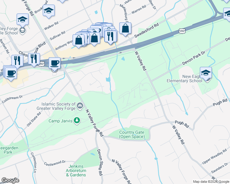 map of restaurants, bars, coffee shops, grocery stores, and more near 514 Old Forge Crossing in Devon