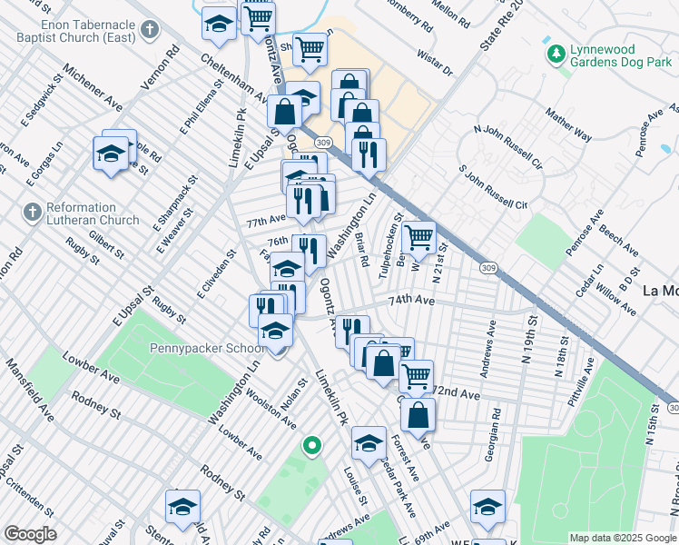 map of restaurants, bars, coffee shops, grocery stores, and more near 7460 Sommers Road in Philadelphia