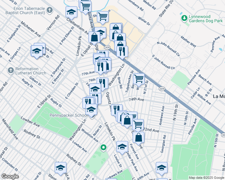 map of restaurants, bars, coffee shops, grocery stores, and more near 7460 Sommers Road in Philadelphia