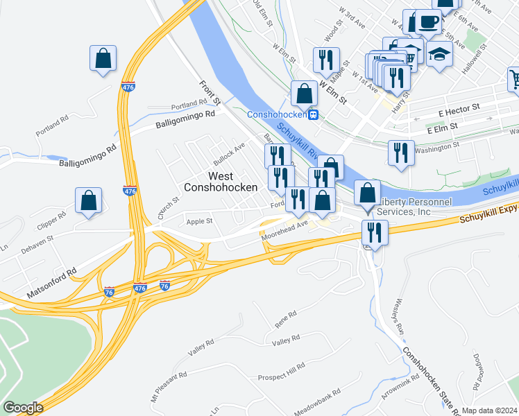 map of restaurants, bars, coffee shops, grocery stores, and more near 2 Cedar Avenue in Conshohocken