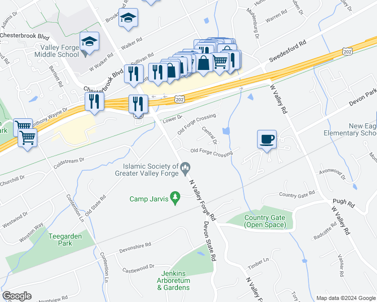 map of restaurants, bars, coffee shops, grocery stores, and more near 350 Old Forge Crossing in Devon