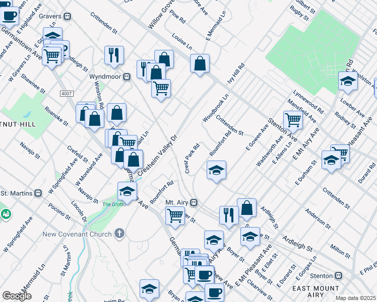 map of restaurants, bars, coffee shops, grocery stores, and more near 317 Crest Park Road in Philadelphia