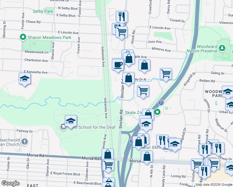 map of restaurants, bars, coffee shops, grocery stores, and more near 5075 Sinclair Road in Columbus