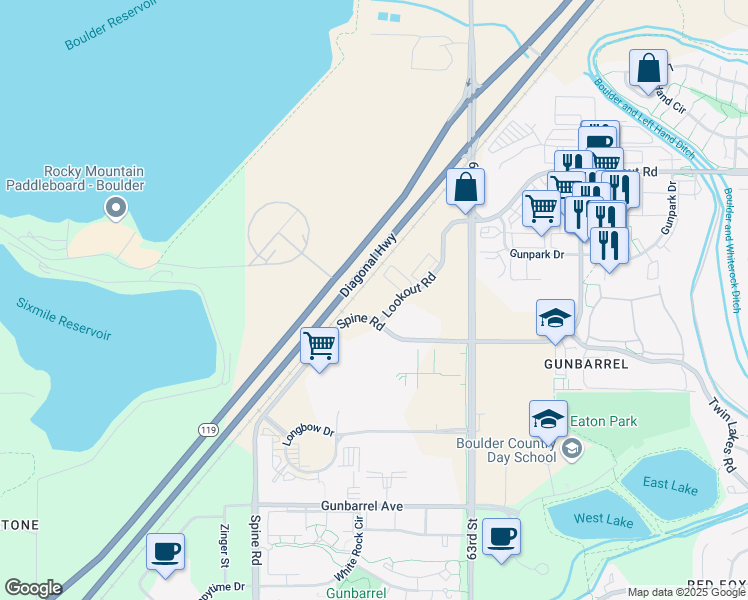 map of restaurants, bars, coffee shops, grocery stores, and more near 6038-6084 Spine Road in Boulder