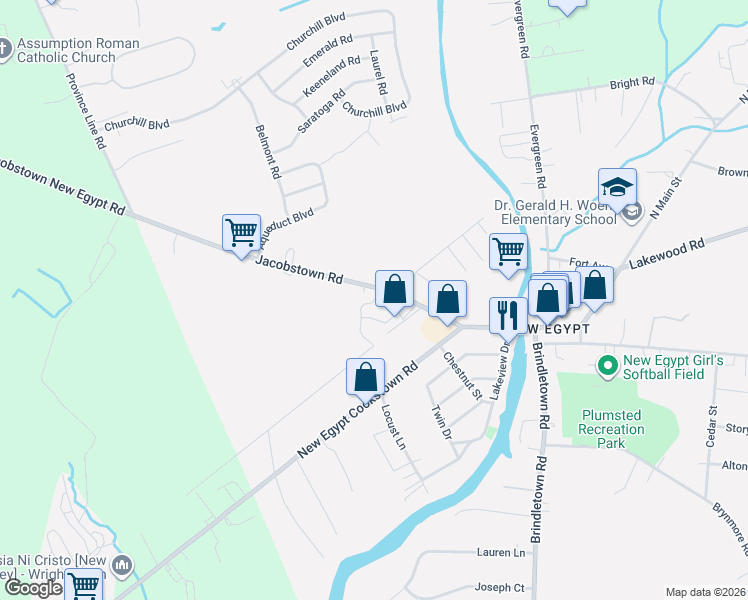 map of restaurants, bars, coffee shops, grocery stores, and more near 62 Jacobstown Road in Plumsted