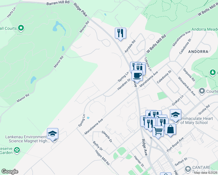 map of restaurants, bars, coffee shops, grocery stores, and more near 646 Spring Lane in Philadelphia