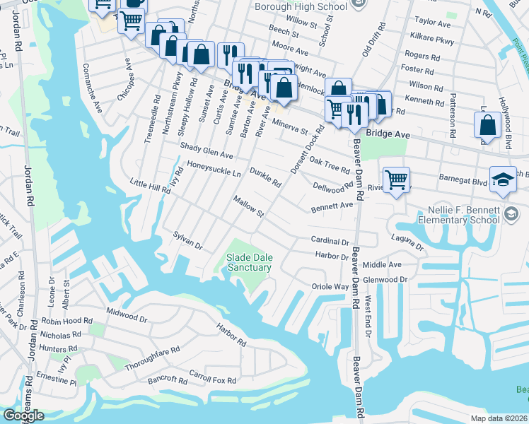 map of restaurants, bars, coffee shops, grocery stores, and more near 2350 Cardinal Drive in Point Pleasant